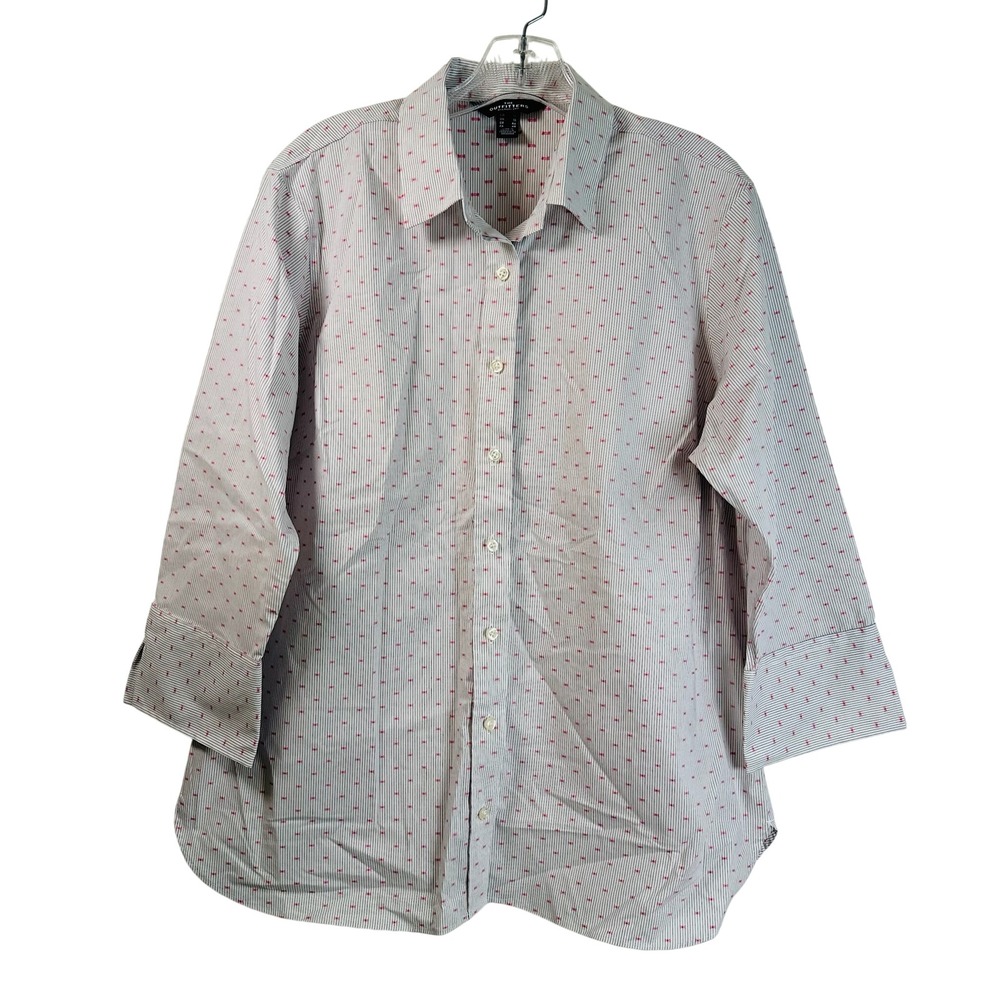 The Outfitters by Lands End Womens 16 Button Down Shirt Pink Striped 3/4 Sleeve